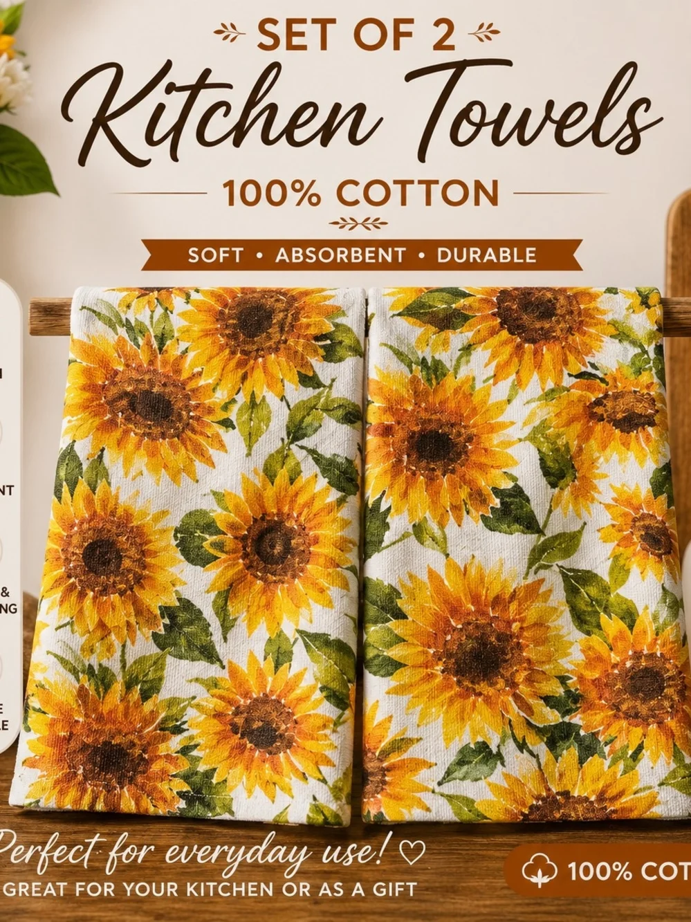 Sunflower Print Cotton Kitchen Towels Set of 2 - Gold/Green